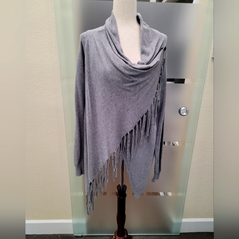 Gray Wrap Front Cowl Neck Women's Sweater with Fringe Details Size M/L